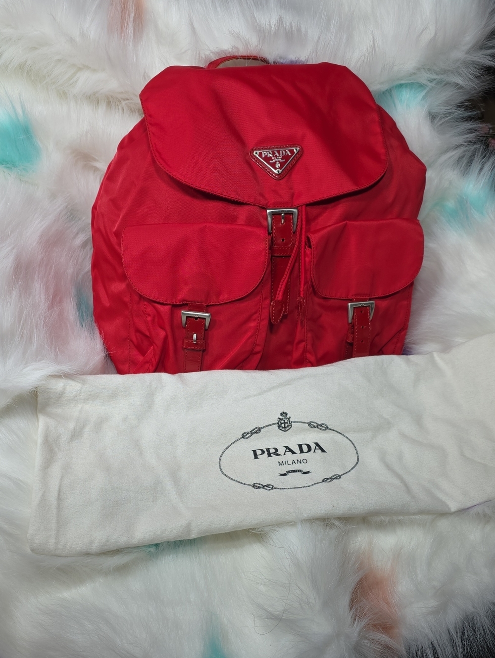 Authentic Prada Red Nylon Drawstring Backpack with Front Pockets